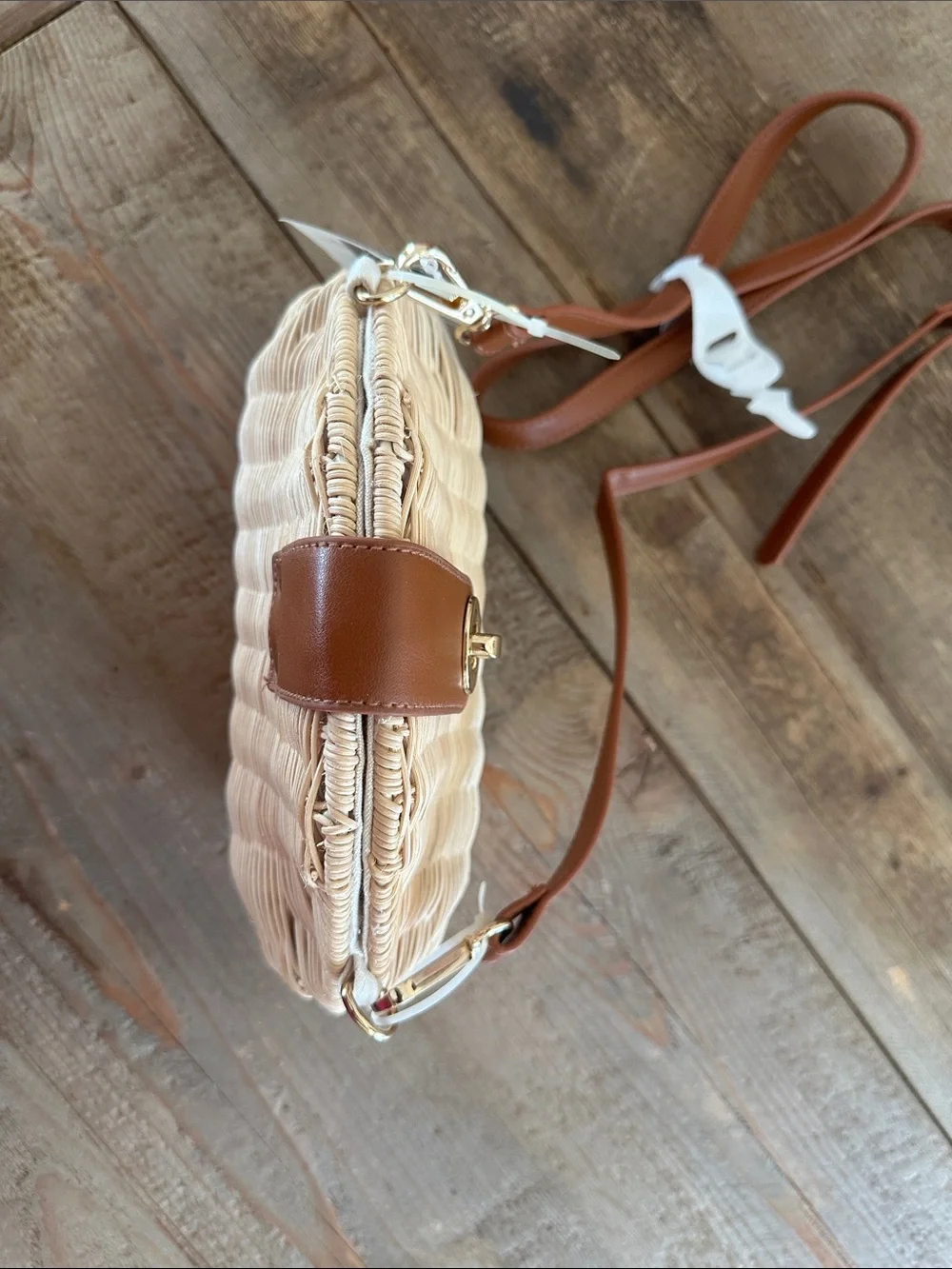 Nanette Lepore Tan & Natural Woven Straw Crossbody with Gold Hardware